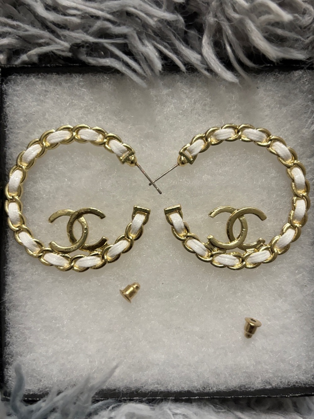CHANEL-Inspired Gold and White CC Chain Hoop Earrings